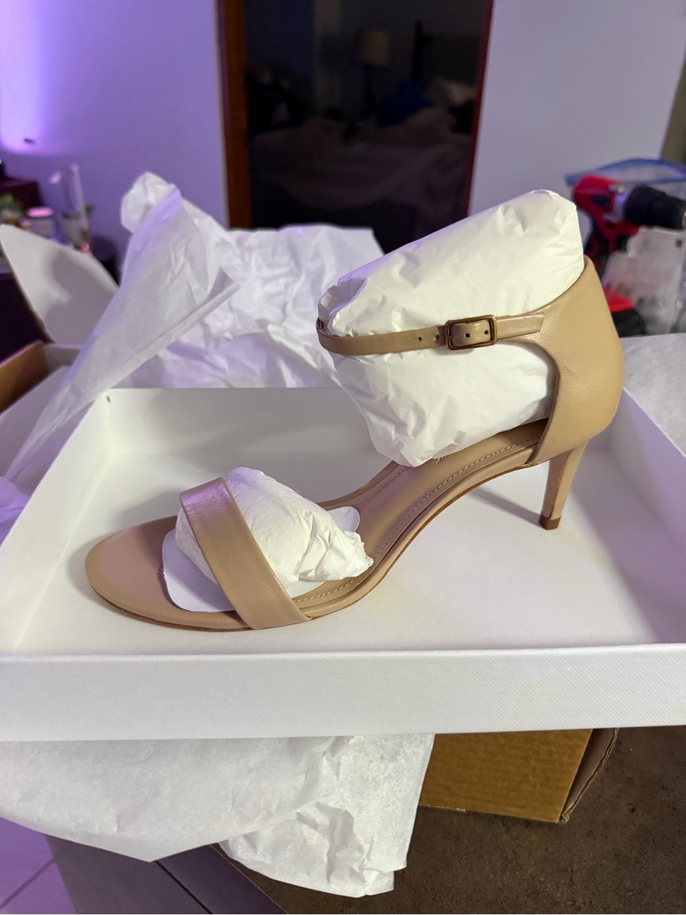 Saks Fifth Avenue Beige Leather Ankle-Strap Heels
